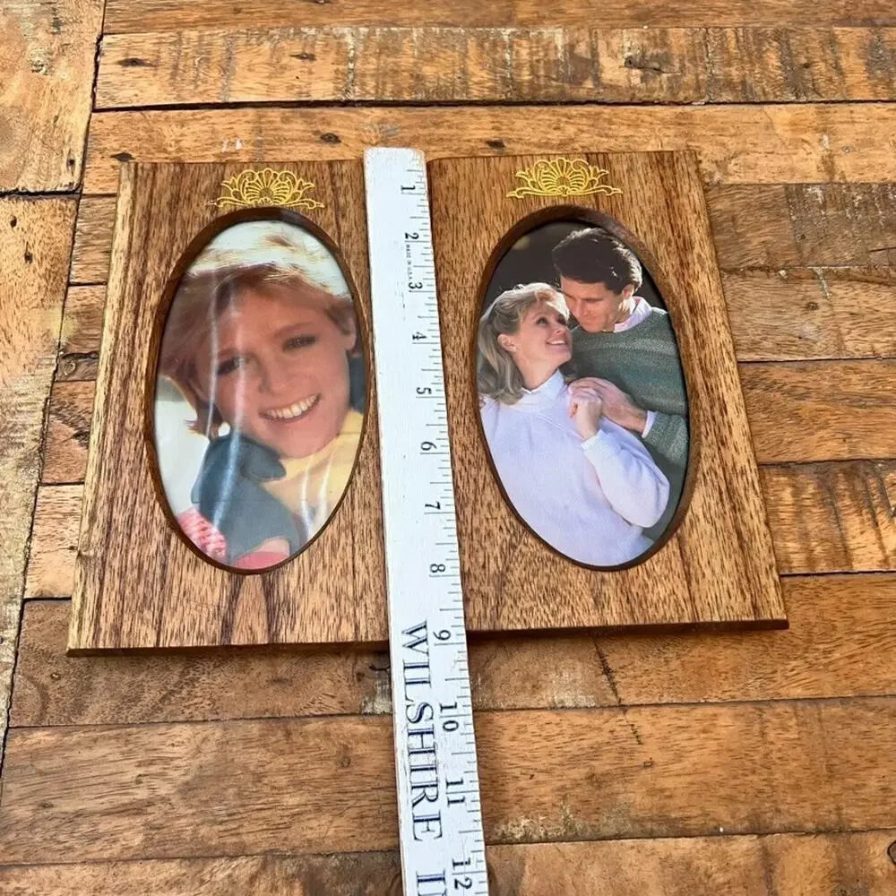 Vintage Carved Wooden Hinged Double Photo Frame Fits 3.5